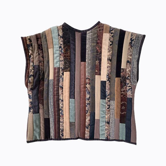 Vintage Quilted Patchwork Open Front Vest Sz L Earthy Brown Mixed Media Boho Art - Picture 2 of 9